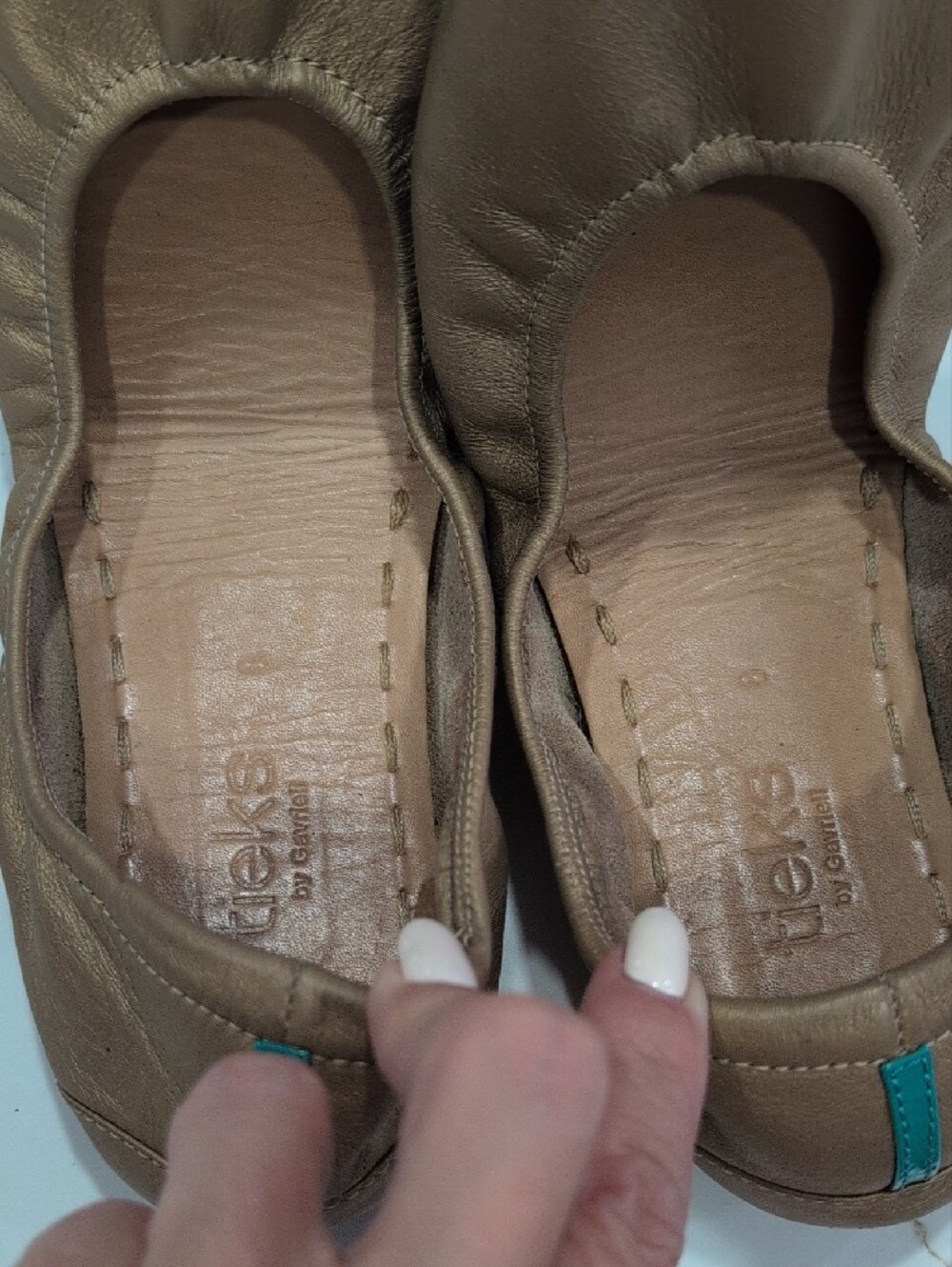 Tieks Gold Ballet Flats with Teal Accent - Picture 6 of 7